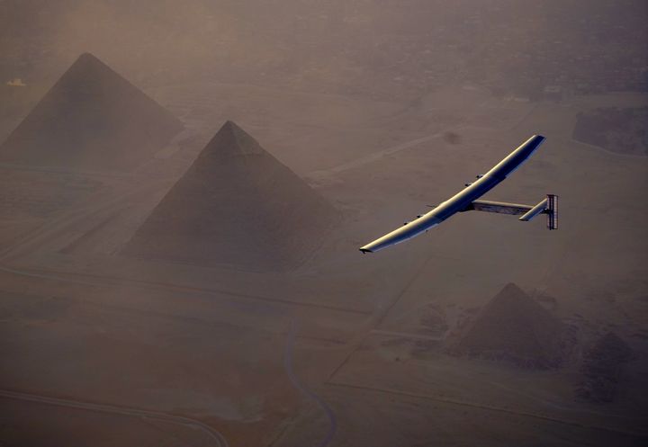 Solar Impulse 2 flies above Giza pyramids earlier this month.