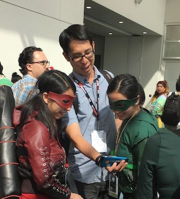 <p><em>New Super-Man </em>writer, Gene Luen Yang, sharing a moment with his super-fans after the Super Asian America panel. </p>