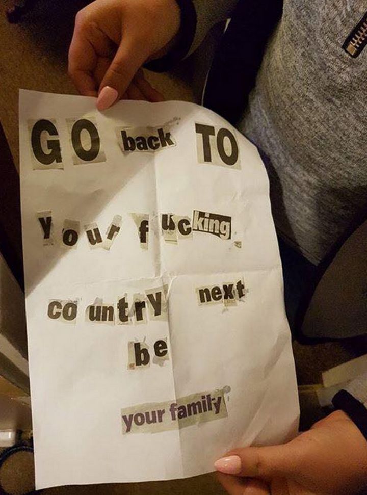 A note left for a Polish family after arsonists set their garage on fire