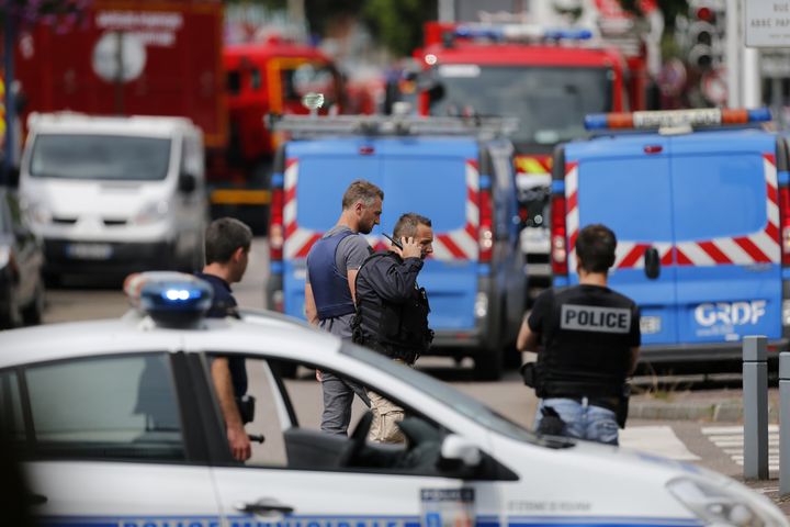 <strong>French police officers and firemen arrive at the scene of a hostage-taking at a church in Saint-Etienne-du-Rouvray, northern France.</strong>