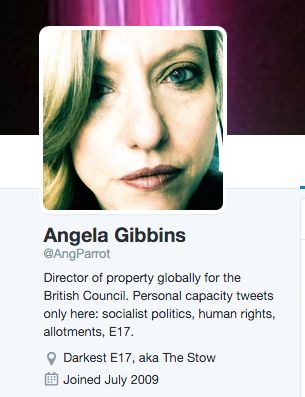 Angela Gibbins' Twitter profile.