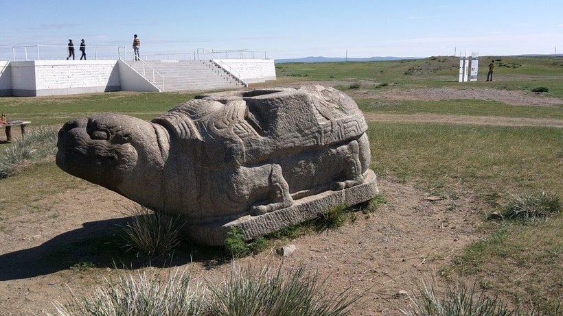 A turtle marker near the tourist viewing platform is a lone remaining artifact of once grand Karakorum