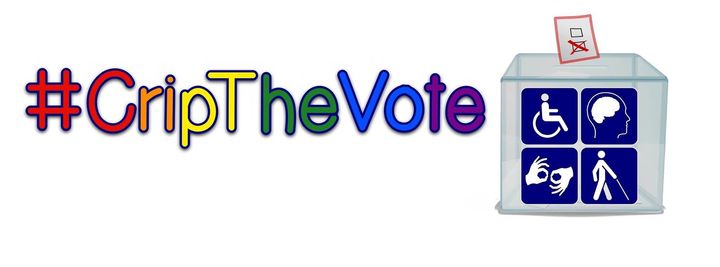 #CripTheVote in rainbow letters on a white field next to a ballot box with a variety of disability symbols on it.