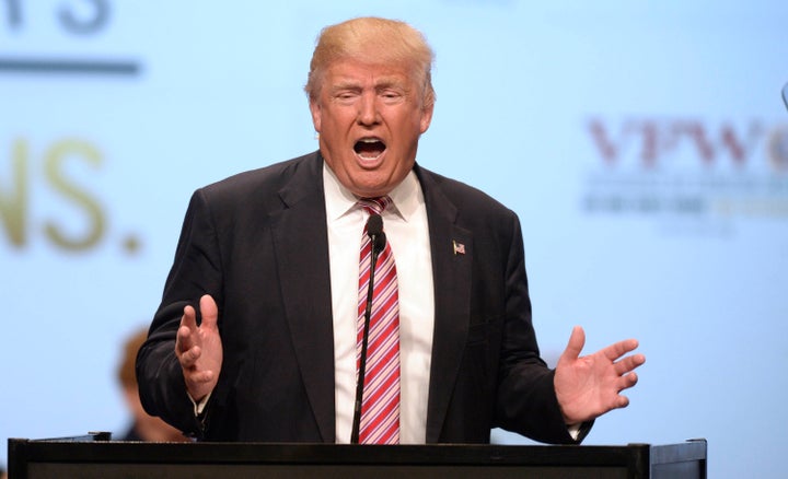 Donald Trump, the Republican presidential nominee, addresses the 117th annual VFW National Convention at the Charlotte Convention Center on Tuesday, July 26, 2016.