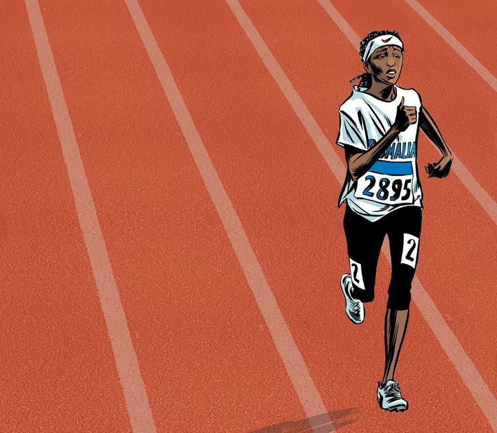 A depiction of Samia Yusuf Omar running at the 2008 Beijing Olympics.