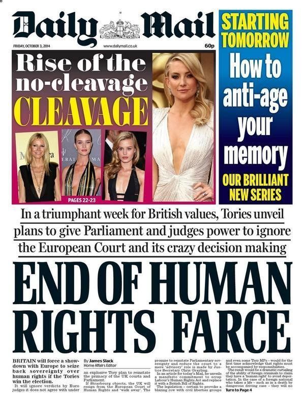 <strong>The Daily Mail greets the prospect of Britain leaving the European Convention on Human Rights when it was mooted in 2014</strong>