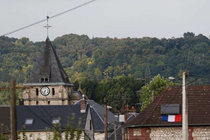 This photo taken on July 26, 2016 shows the steeple of the Saint-Etienne church of Saint-Etienne-du-Rouvray.