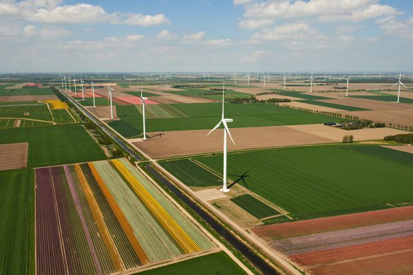 The 122 MW Zuidlob wind farm in the central province of Flevoland, Netherlands, where most of the country's wind power is produced. 