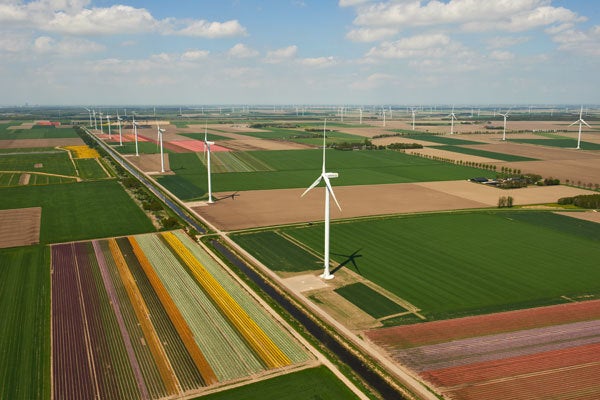The 122 MW Zuidlob wind farm in the central province of Flevoland, Netherlands, where most of the country's wind power is produced.