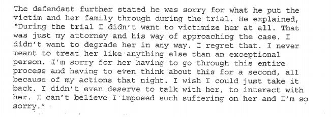 A snippet of Brock Turner's probation report, in which he apologizes for his lawyer's strategy during cross-examination. 