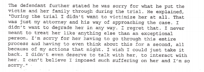 A snippet of Brock Turner's probation report, in which he apologizes for his lawyer's strategy during cross-examination. 