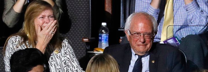 U.S. Senator Bernie Sanders and his wife, Jane, react to his brother making the presidential nomination roll call.