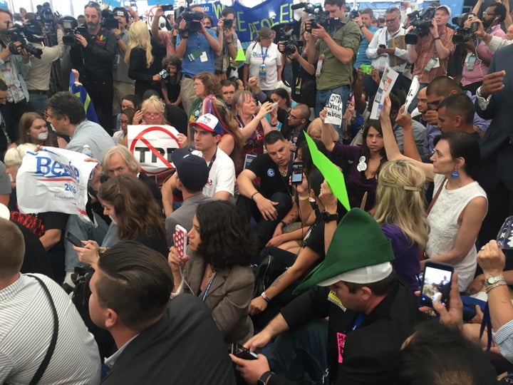 Bernie Sanders supporters stage sit in outside Democratic convention