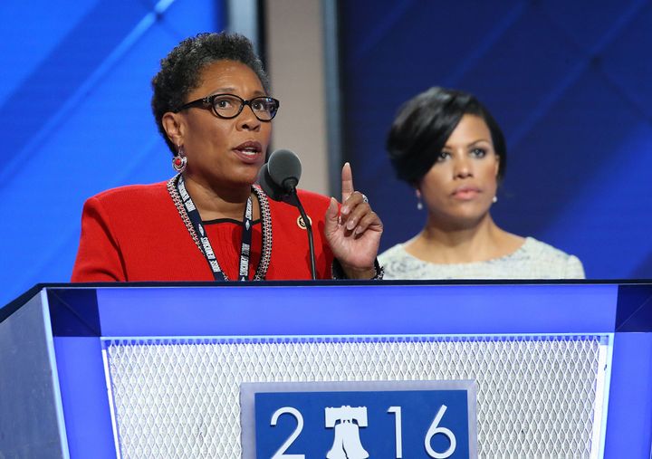 Convention chair Rep. Marcia Fudge (D-OH) delivers remarks on the first day of the Democratic National Convention.