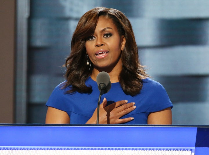 First lady Michelle Obama delivers remarks on the first day of the Democratic National Convention.