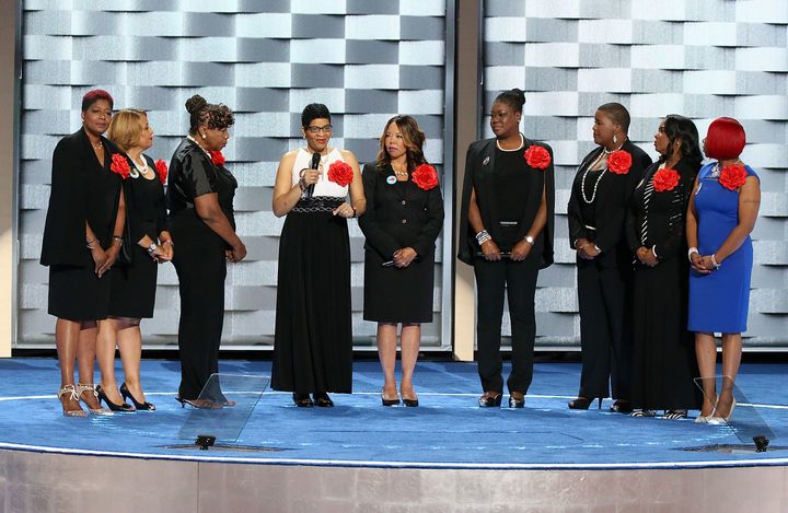 Mothers of the Movement (L-R) Maria Hamilton, mother of Dontre Hamilton; Annette Nance-Holt, mother of Blair Holt; Gwen Carr, mother of Eric Garner; Geneva Reed-Veal, mother of Sandra Bland; Lucia McBath, mother of Jordan Davis; Sybrina Fulton, mother of Trayvon Martin; and Cleopatra Pendleton-Cowley, mother of Hadiya Pendleton; Lezley McSpadden, Mother of Mike Brown and Wanda Johnson, mother of Oscar Grant; and Lezley McSpadden, Mother of Mike Brown deliver remarks on the second day of the Democratic National Convention.