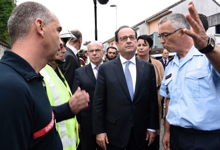 French President Francois Hollande visited Normandy yesterday after a priest was killed in an attack Isis claimed responsibility for