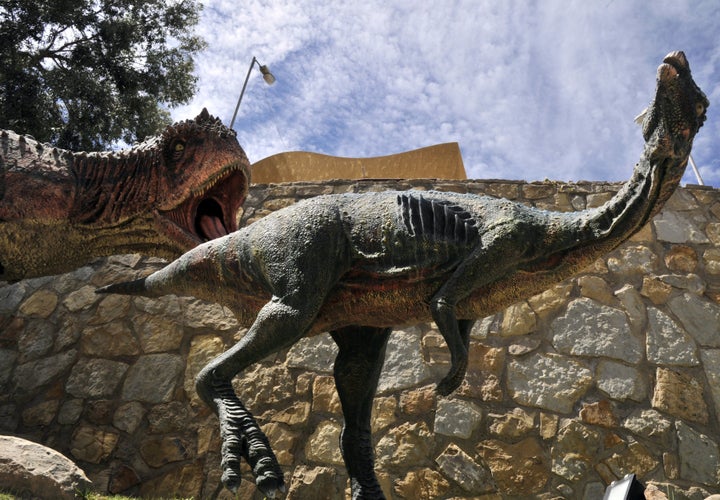 <strong>Models of Abelisaurus dinosaurs on display at the Cretaceous Park in Cal Orcko, hill in Sucre</strong>