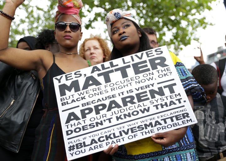 The "Black Lives Matter" and "All Lives Matter" debate extends beyond the U.S., too. Earlier this month, two women held a placard with the slogan "Yes, all lives matter" as people gathered in south London to protest against police brutality in the U.S.