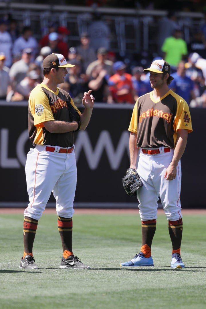 Pomeranz talks with the Dodgers' Clayton Kershaw -- a three-time Cy Young Award winner and the 2014 National League MVP -- during All-Star festivities in San Diego.