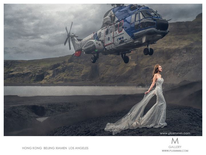 The shot of a lifetime: a bride poses while a rescue helicopter zooms overhead.