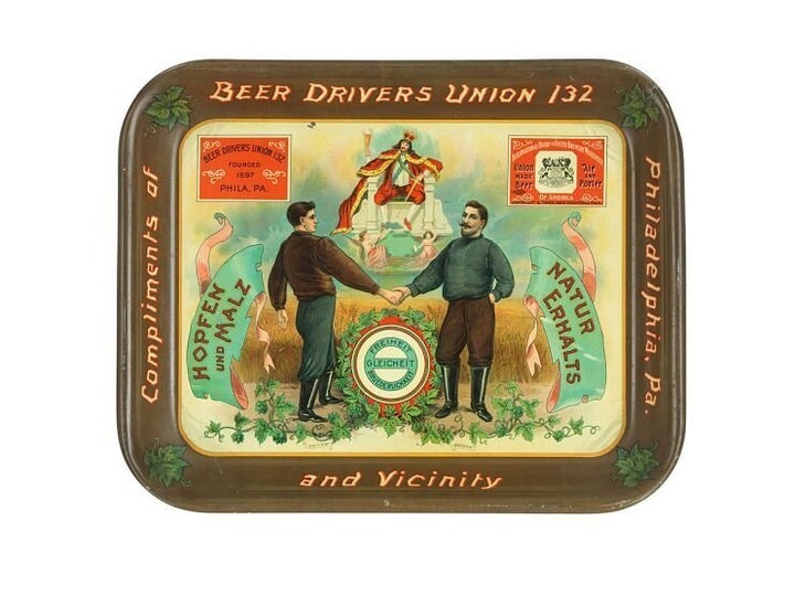 Beer tray, about 1905. Unions’ power was built on worker solidarity. This beer tray shows a driver and a brewer working together. It says in German ͞Liberty, Equality, Fraternity.