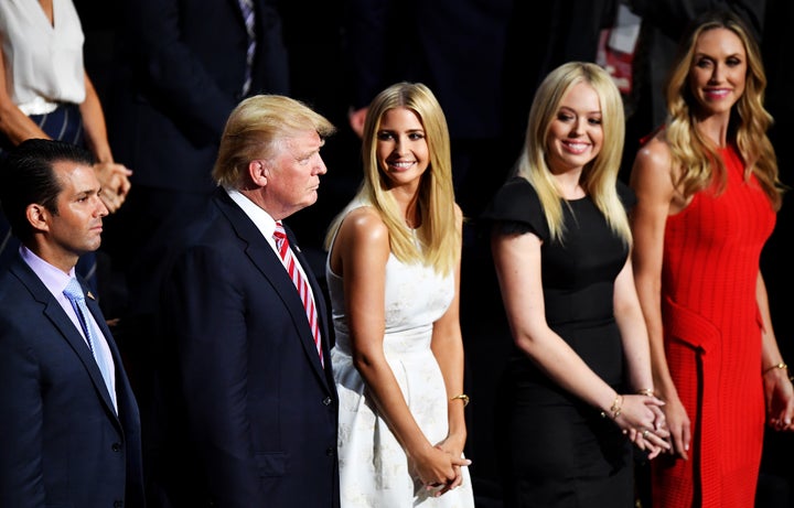 Donald Trump Jr., Donald Trump, Ivanka Trump, Tiffany Trump and Lara Yunaska listen to Eric Trump deliver his speech during the third day of the Republican National Convention.