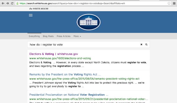 screenshots from various government websites relating to voter registration (Whitehouse.gov)