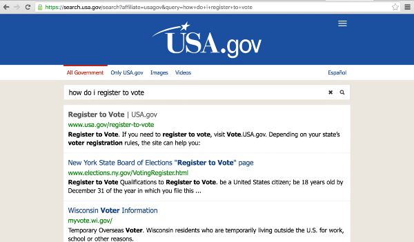 screenshots from various government websites relating to voter registration ( USA.gov)