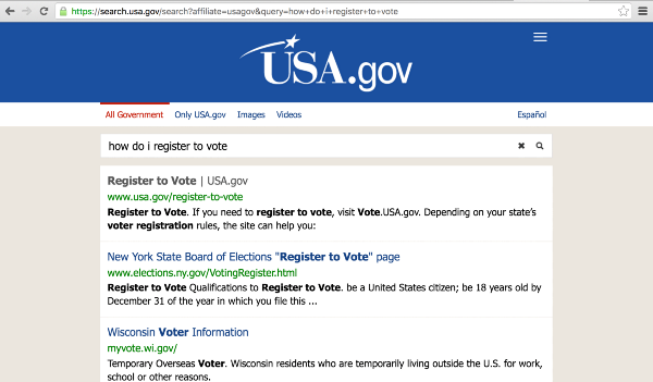 screenshots from various government websites relating to voter registration ( USA.gov)