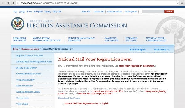 screenshots from various government websites relating to voter registration (EAC.gov)