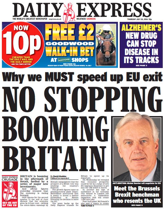 Thursday's Express front page