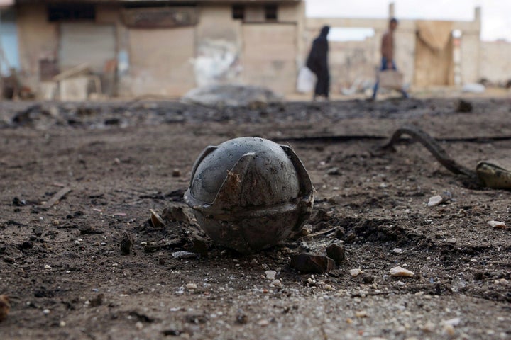 More than 100 countries have banned cluster munitions like this unexploded bomblet, pictured in Syria's Deraa province in February, because of their indiscriminate nature.