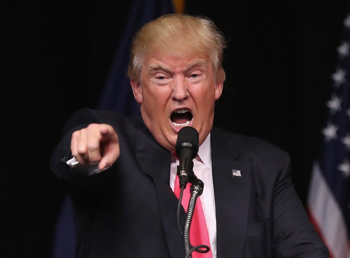 Donald Trump jeers the media in front a crowd of supporters on July 27, 2016 in Scranton, Pennsylvania.