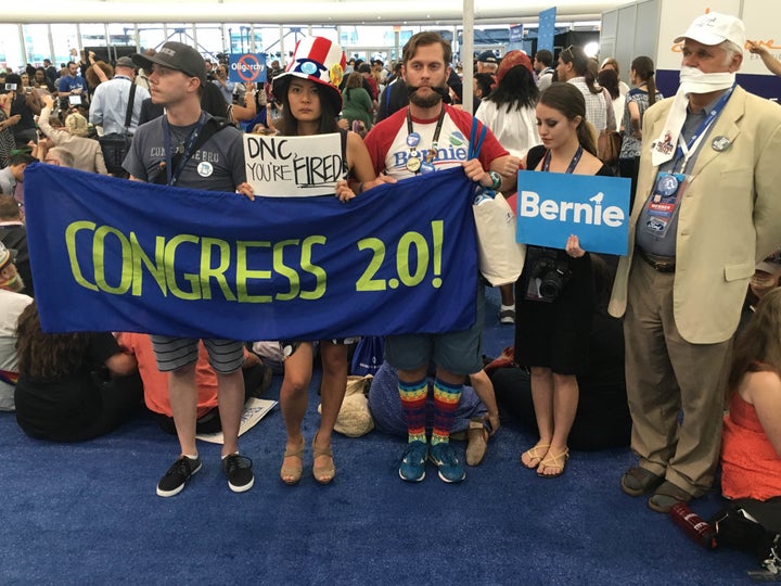 Sanders supporters protest the nomination of Clinton outside the Wells Fargo Arena in Philadelphia on Tuesday, July 26th, 2016.