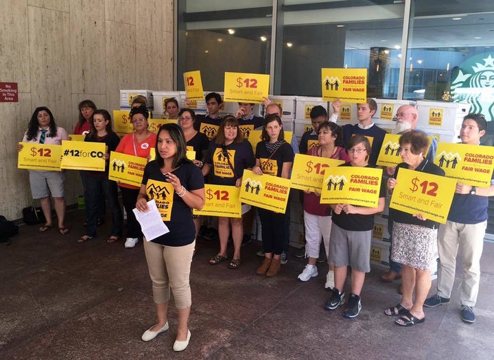 Marrisa Guerrero, a mom and a certified nursing assistant, speaks about how her family can't afford rent and groceries on her salary. Marrisa spoke as part of the delivery of 200,000 signatures to put a minimum wage increase on the Colorado ballot in November.