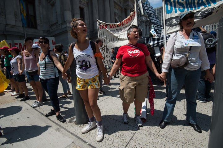 Immigrant rights groups marched in Philadelphia during the Democratic National Convention on July 25. Many activists say they remain distrustful of Democratic nominee Hillary Clinton, despite the overt anti-immigrant statements of GOP candidate Donald Trump.