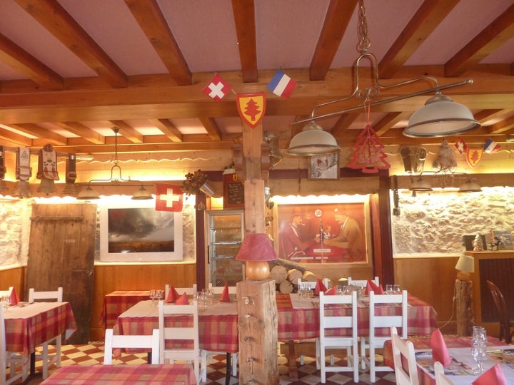 At the dining room at Hotel Arbez you can eat in Switzerland or France -- or both if you sit at this table.