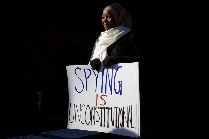 Kameelah Rashad demonstrates outside the U.S. Courthouse in Philadelphia. A federal appeals court on Oct. 13, 2015, reinstated a lawsuit challenging the New York Police Department's surveillance of Muslim groups in New Jersey after the Sept. 11 terrorist attacks, saying any resulting harm came from the city's tactics, not the media's reporting of them.