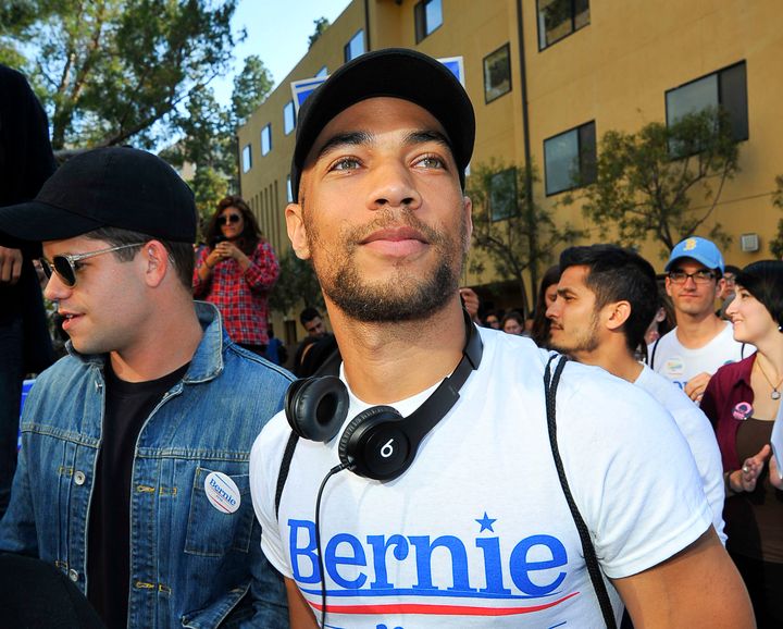 Actor Kendrick Sampson rallies for Bernie Sanders in Los Angeles in May.
