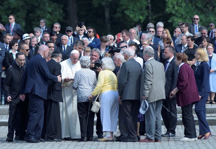Pope Francis greets Auschwitz survivors during his visit to KL Auschwitz II-Birkenau in Brzezinka, Poland.