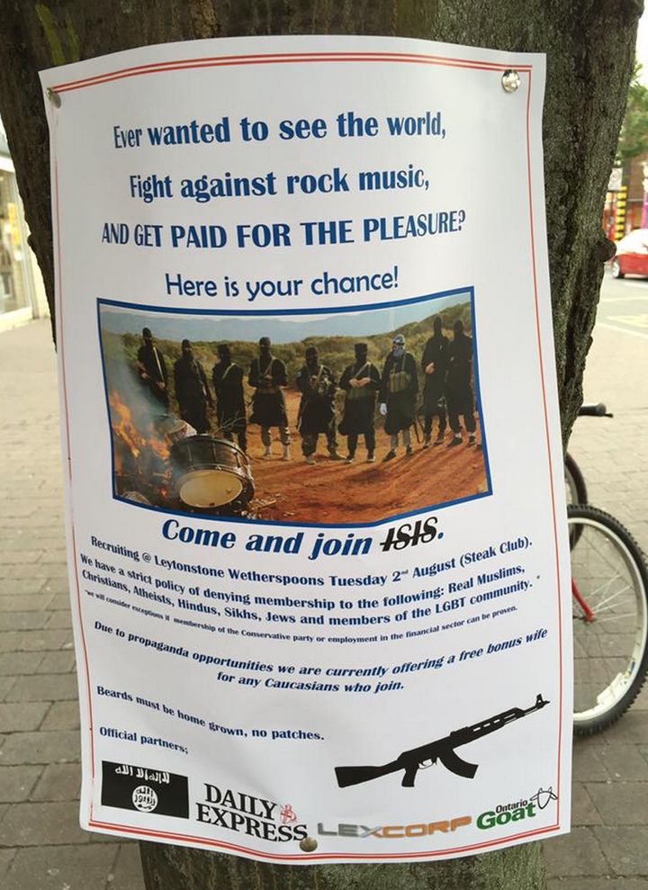 Spoof recruitment posters for the Islamic State have been posted across east London
