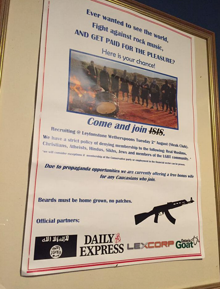<strong>Members of the public interested in joining the terrorist group were told to meet at a branch of Wetherspoons on Tuesday</strong>