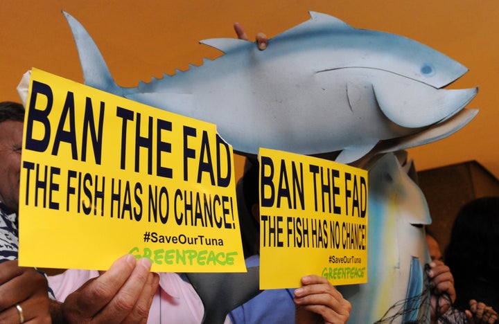 Greenpeace activists holding mock tuna and placards.