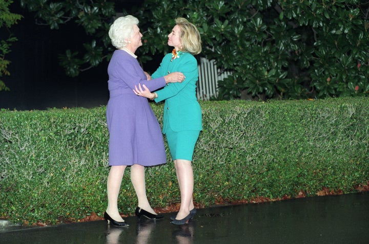 Hillary Clinton is welcomed to the White House by first lady Barbara Bush in 1992.