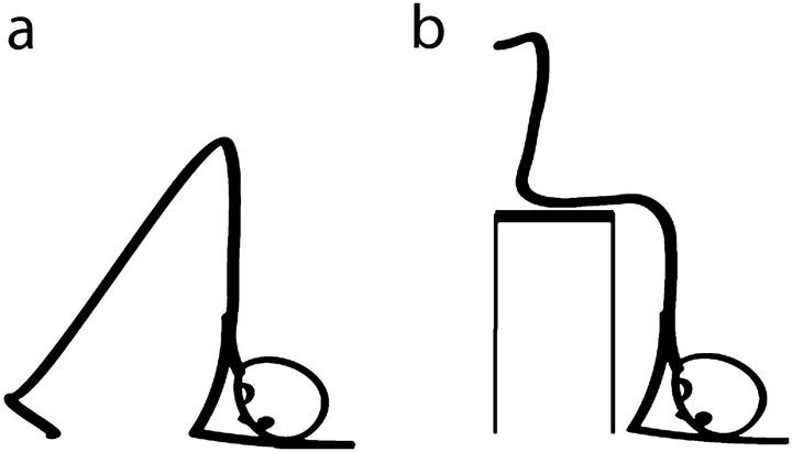 The basic head-down position (figure a), and the position done with the help of a stool (figure b).