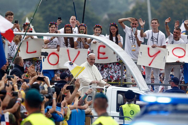 Pope Francis is greeted by the faithful at Blonia Park during World Youth Days in Krakow, Poland July 28, 2016.