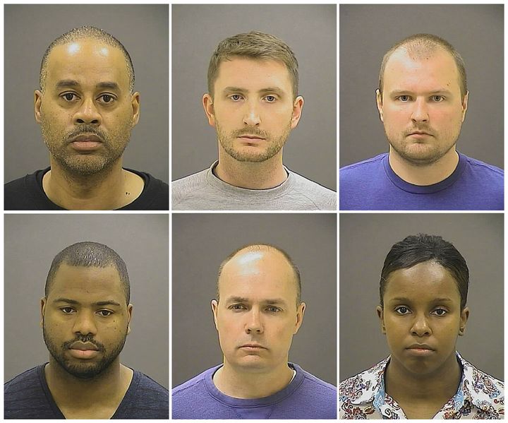 Baltimore Police Officer Caesar R. Goodson Jr., Officer Edward M. Nero, Officer Garrett E. Miller (top L-R), Officer William G. Porter, Lt. Brian W. Rice, Sgt. Alicia D. White (bottom L-R), are pictured in these undated booking photos provided by the Baltimore Police Department.