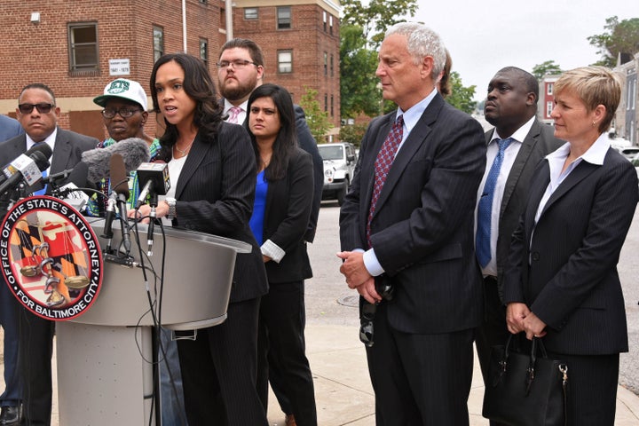 Mosby holds a news conference on Wednesday, July 27, 2016, on the corner where Freddie Gray was taken into police custody, after dropping the charges against the three remaining officers to be tried in his death.