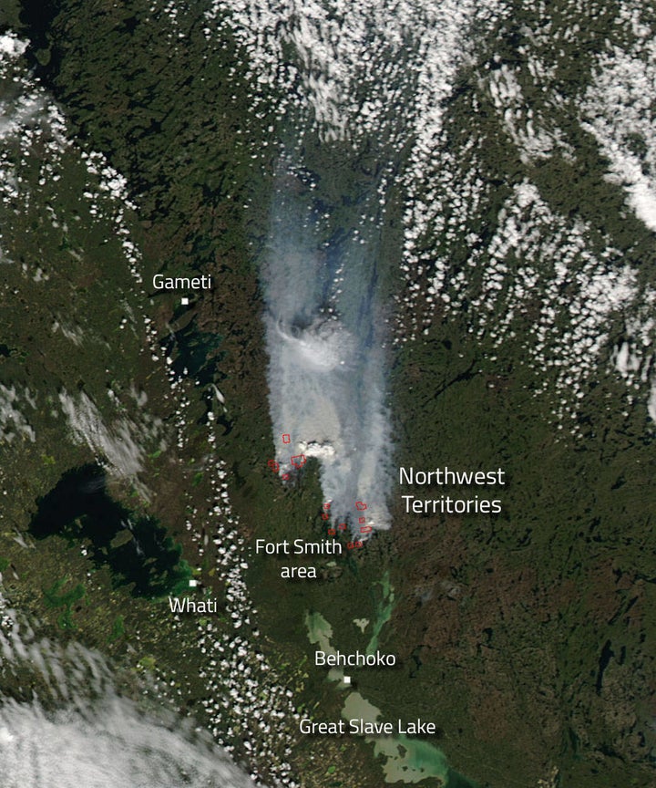 Northwest territories, Canada. "According to the Northwest Territories (NWT) Government Facebook page one new fire has been reported in the NWT in the past 24 hours. 164 wildfires have been reported in the NWT, affecting about 181,955 hectares (449,620 acres)." -- NASA, July 29, 2016